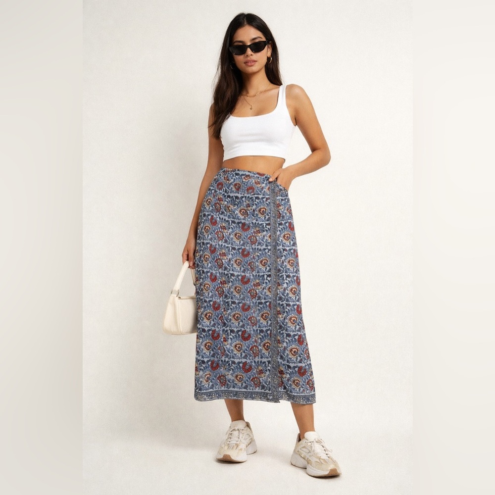 J Jill Silk Floral Blue Wrap Maxi Skirt Sz. 12